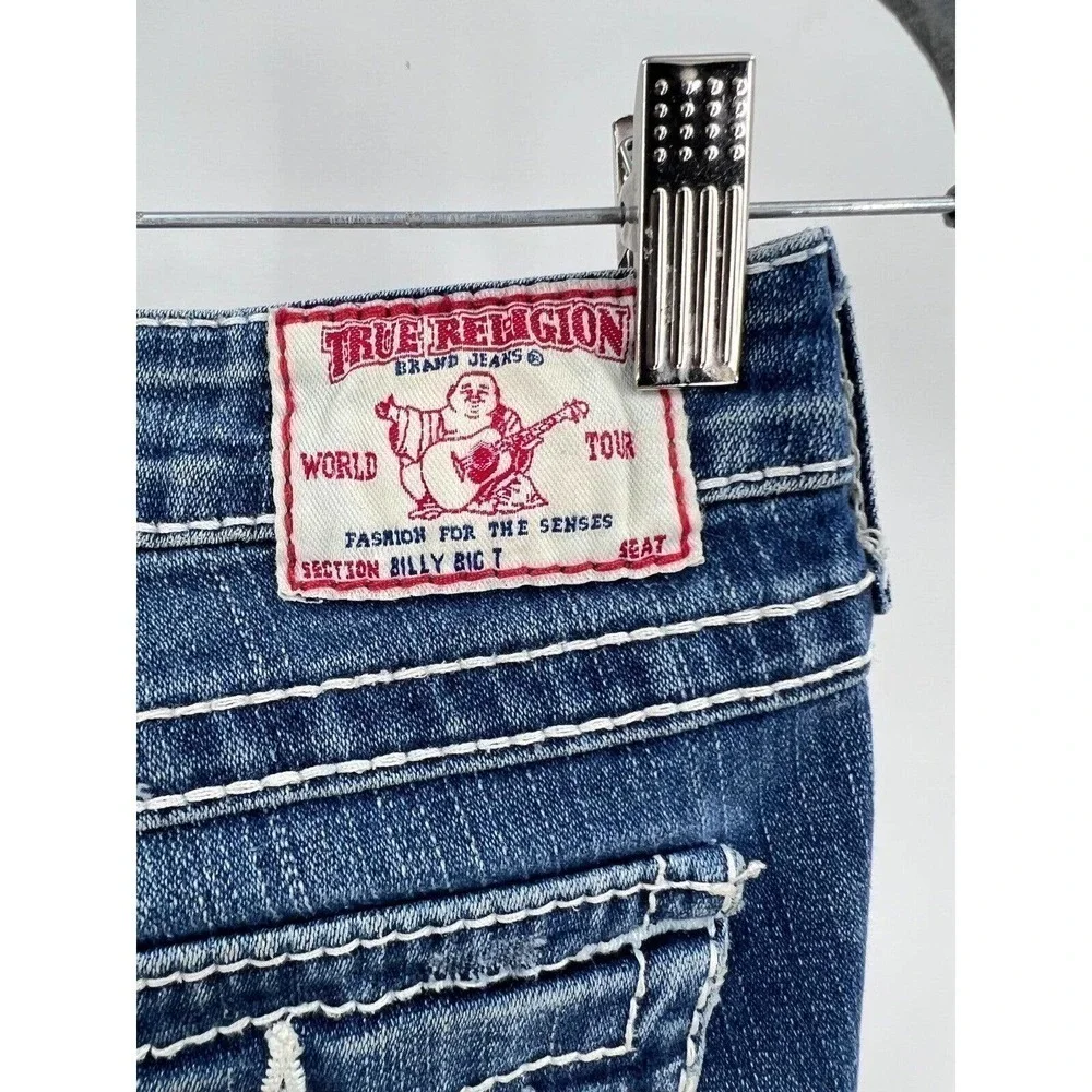 True Religion Womens Size 27 Johnny Big T Blue Denim Jeans Straight Leg Low Rise